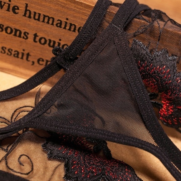 COPY - A Christmas RED beautifully Floral embroidered Crotchless G string/Thong. - Picture 3 of 6